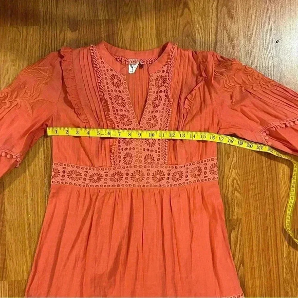 Anthro Akemi + Kin Josephine Small Embroidered Dress Coral 3/4 Sleeve NO SLIP - Picture 13 of 14